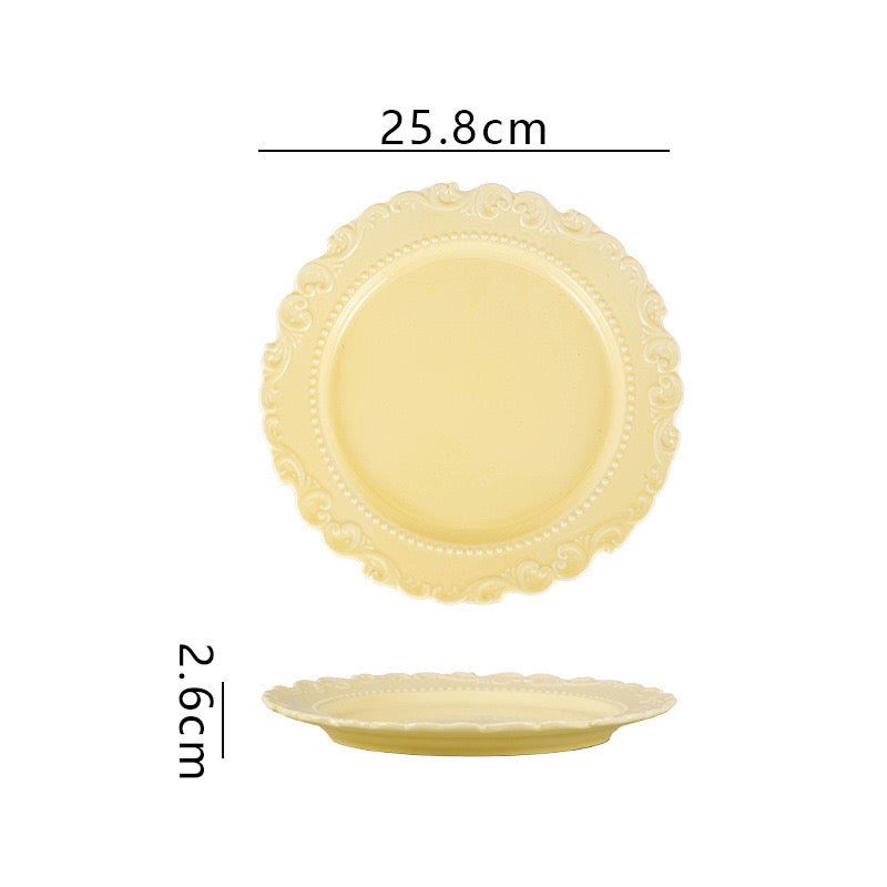 French-style Cream-colored Ceramic Western Dinner Plate with Floral Edge | Butter Yellow & White Plate