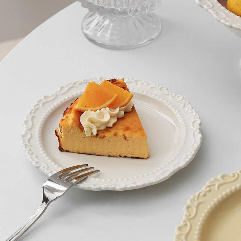 French-style Cream-colored Ceramic Western Dinner Plate with Floral Edge | Butter Yellow & White Plate