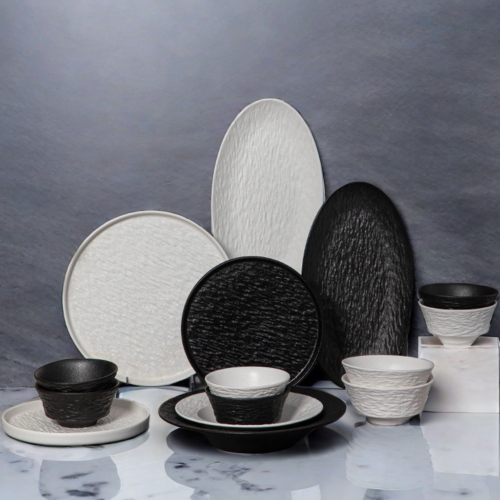 Stone-patterned ceramic bowls and plates
