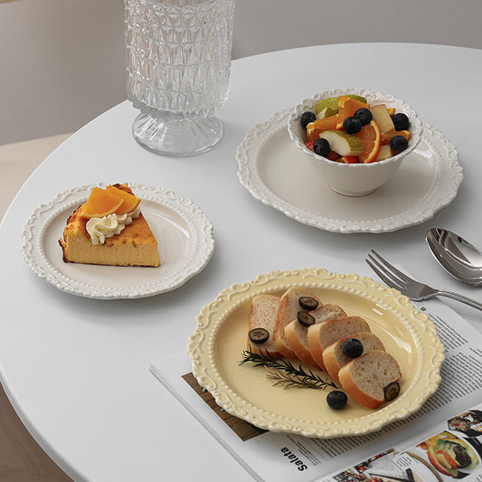 French-style Cream-colored Ceramic Western Dinner Plate with Floral Edge | Butter Yellow & White Plate