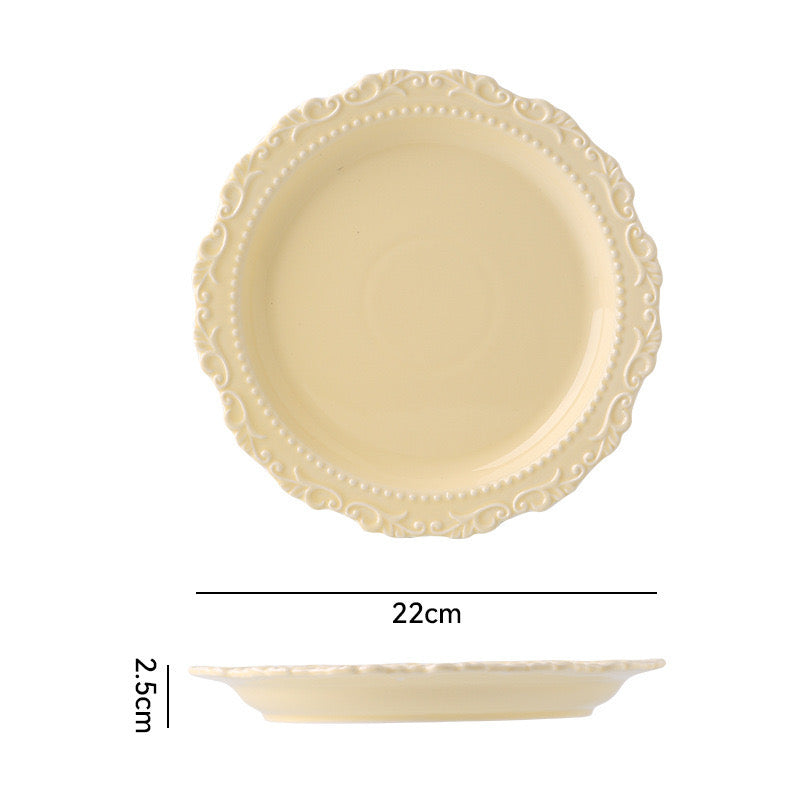 French-style Cream-colored Ceramic Western Dinner Plate with Floral Edge | Butter Yellow & White Plate