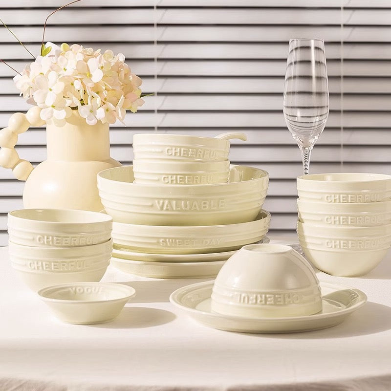 French Embossed 	Cream-Colored Ceramic Tableware