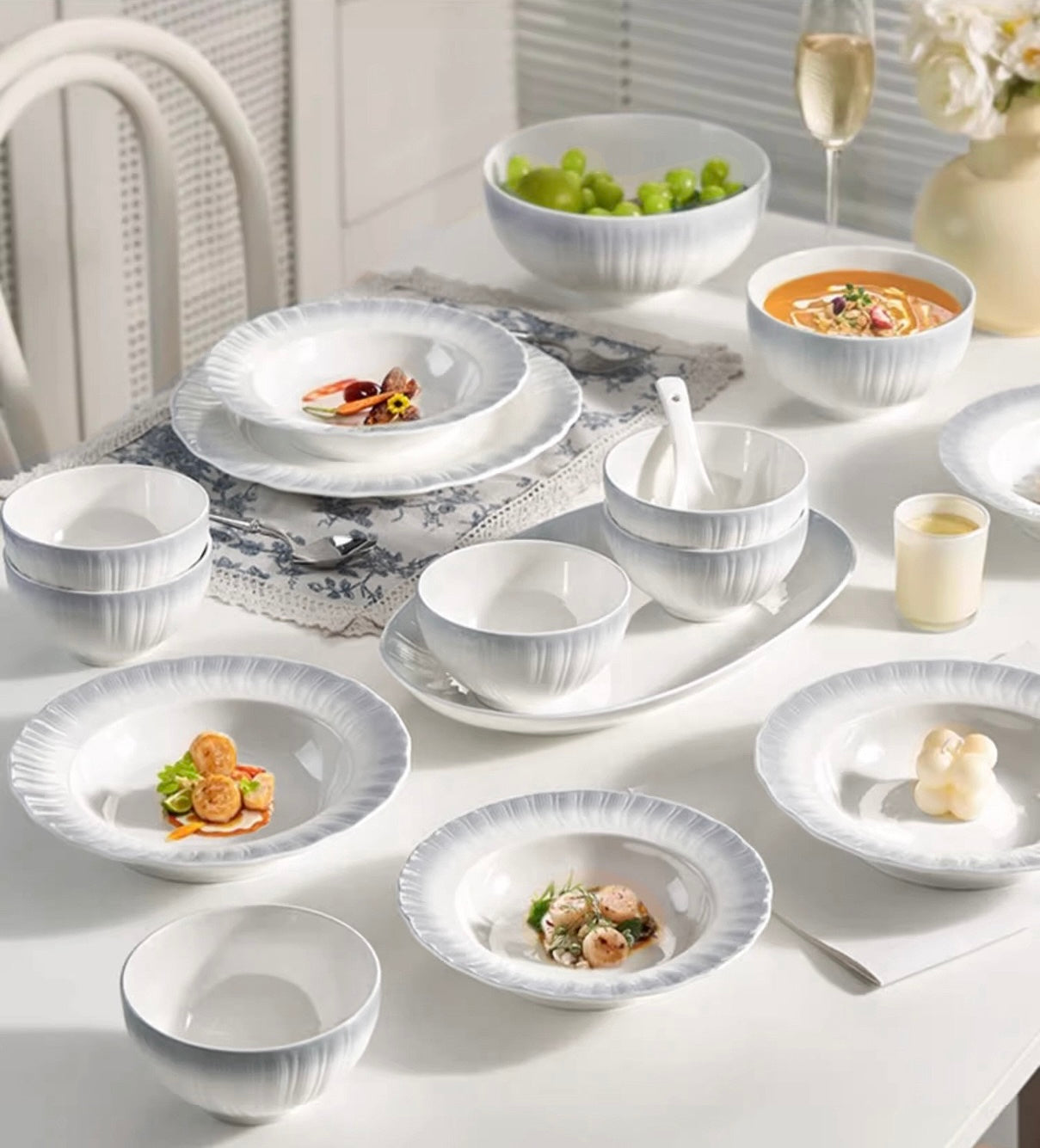 Lace Edge Elegance – French-Style Embossed Porcelain Dinnerware Set