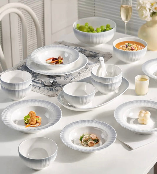 Lace Edge Elegance – French-Style Embossed Porcelain Dinnerware Set