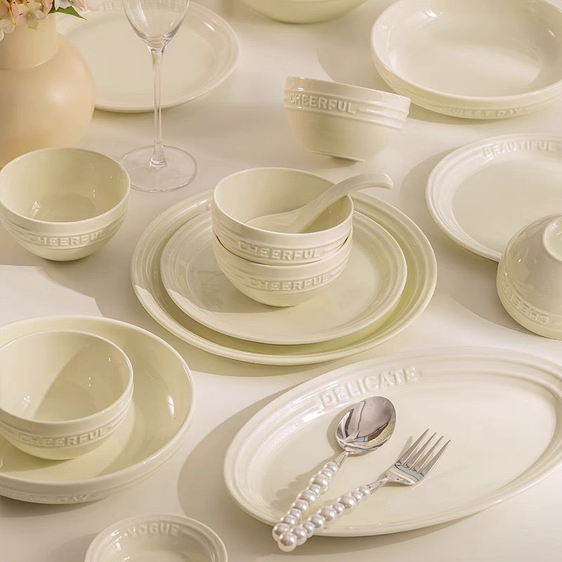 French Embossed 	Cream-Colored Ceramic Tableware