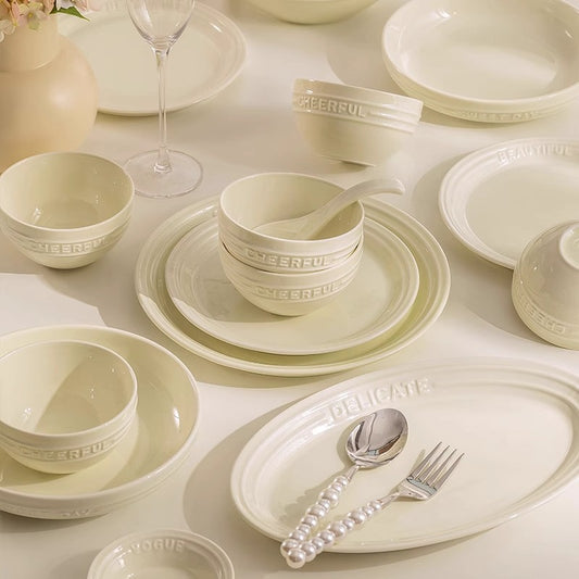 French Embossed 	Cream-Colored Ceramic Tableware